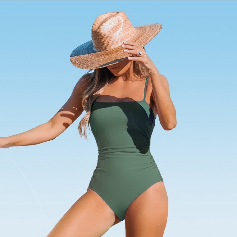 Cupshe Women's Strappy One Piece Swimsuit Square Neck, Tummy Control, Sage Green